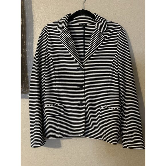 Talbots Suit Jacket Blazer L Large Navy Blue Ivory Stripe Unlined Cotton Blend - Picture 9 of 11